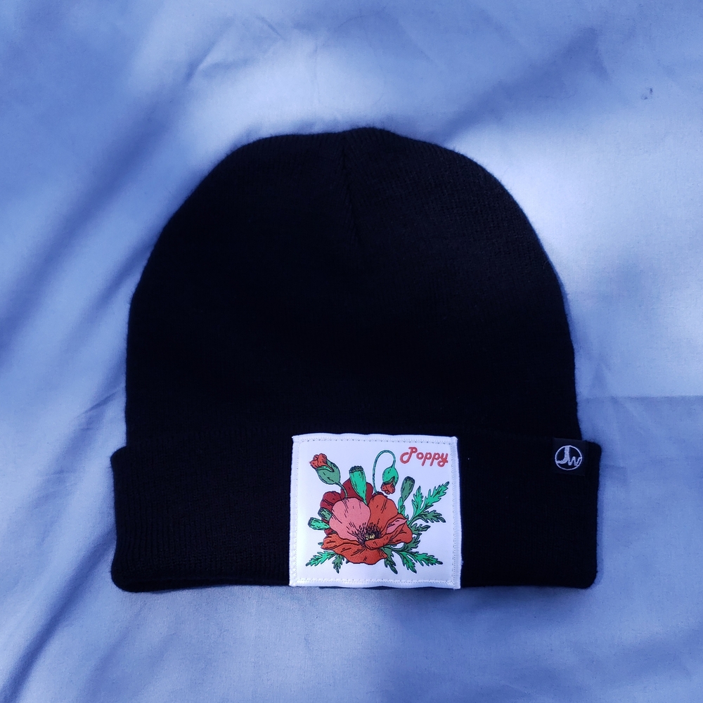 Black Beanie with Floral Poppy Patch